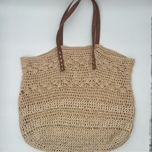 MERONA Large Open Weave Paper Crochet Coastal Beach Bag Carry All Boho Tote Bag